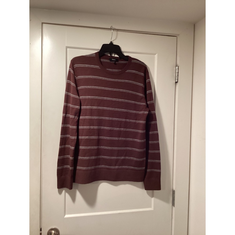 Theory Mens Riland P Harman Merino Wool Striped Crewneck Sweater Burgundy Size M